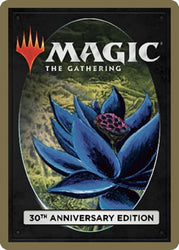 The card from Magic: The Gathering's 30th Anniversary Edition titled "Island (Retro) (584)" features a detailed illustration set against a textured, circular background in green and black. At the top, the iconic logo is embellished with a stylized orange flame symbol.