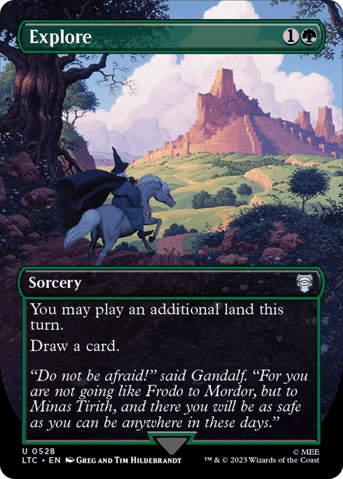 A fantasy-themed card titled "Explore (Borderless) [The Lord of the Rings: Tales of Middle-Earth Commander]" from Magic: The Gathering. It depicts a person riding a horse through a picturesque landscape, featuring green fields, scattered trees, a castle in the distance, and a mountain range under a clear sky. Reminiscent of The Lord of the Rings, this card allows playing an extra land and drawing a card.