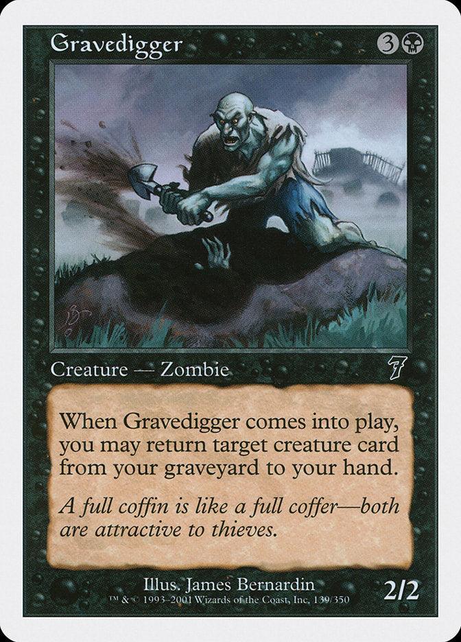 The Gravedigger [Seventh Edition] Magic: The Gathering card features a zombie holding a shovel, standing over a freshly dug grave. The card sports a black border and has a cost of 3 generic mana and one black mana. Its text box reads, 