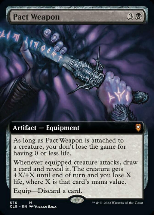 A "Pact Weapon (Extended Art) [Commander Legends: Battle for Baldur's Gate]" Magic: The Gathering card from the Commander Legends series, featuring a dark, glowing clawed hand gripping a double-sided sword. The blade emits an eerie purple light with runes floating around. Encased in black borders and detailed text, its artifact-equipment abilities are captivating.