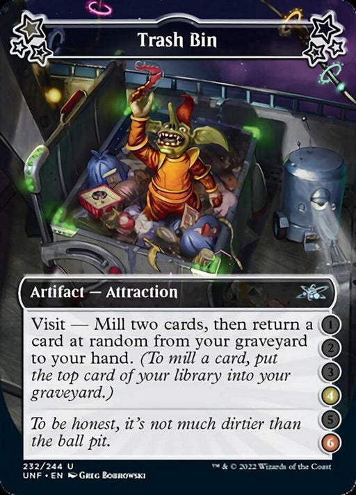 A whimsical, illustrated trading card named "Trash Bin (4-6) [Unfinity]" from the Magic: The Gathering set depicts a goblin in a cluttered junkyard holding a red wand. Among the assorted trash and attractions like a teddy bear and monster statue lies an ancient artifact. The card's abilities involve milling cards and returning one from the graveyard to the hand.