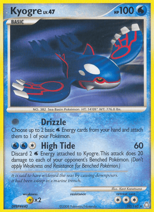 A Rare Pokémon trading card featuring Kyogre (32/146) [Diamond & Pearl: Legends Awakened] from the Pokémon series. Kyogre is depicted with fins extended, floating underwater. The card is titled "Kyogre Lv. 47" with 100 HP. Its attacks are "Drizzle" and "High Tide," and it includes Kyogre’s stats and abilities against a blue background.