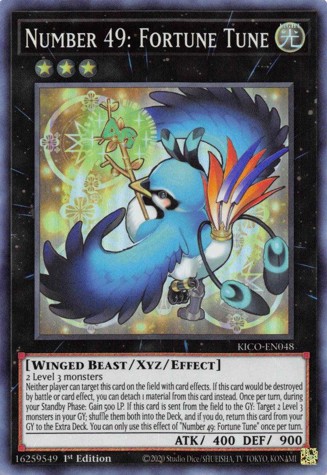 A Number 49: Fortune Tune [KICO-EN048] Super Rare Yu-Gi-Oh! trading card features a celestial blue bird with a white chest and a decorative wheel with symbols behind it. This Xyz/Effect monster has ATK/DEF stats of 400/900. Its detailed attributes and effects are elaborated in the text box, and its card number is KICO-EN048.