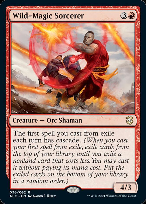 A Magic: The Gathering card titled "Wild-Magic Sorcerer [Dungeons & Dragons: Adventures in the Forgotten Realms Commander]." This red card, costing 3R to cast, features an orc shaman surrounded by flames and casting a spell. With a power/toughness of 4/3, it has the cascade ability for the first spell cast each turn. Art by Aaron J. Riley and inspired by Dungeons & Dragons.