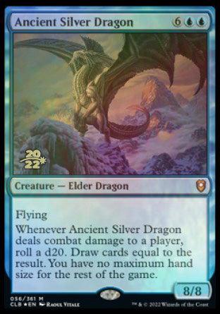 The image is a Magic: The Gathering card named "Ancient Silver Dragon [Commander Legends: Battle for Baldur's Gate Prerelease Promos]." It is an Elder Dragon creature with a cost of 6 generic and 2 blue mana. The dragon, with a power and toughness of 8/8, has flying and lets you roll a d20 to draw cards equal to the result when it deals combat damage to