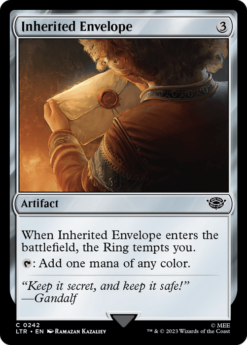 A Magic: The Gathering card titled "Inherited Envelope [The Lord of the Rings: Tales of Middle-Earth]." This common artifact card costs three generic mana. The illustration shows a hand holding a sealed envelope with a wax stamp. The card text reads: "When Inherited Envelope enters the battlefield, the Ring tempts you. Tap: Add one mana of any color." Quote: "Keep it secret, and keep it safe!" - Gandalf