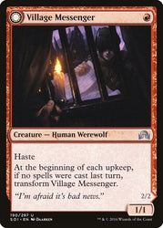 A Magic: The Gathering card titled "Village Messenger // Moonrise Intruder [Shadows over Innistrad]" depicts a hooded figure holding a lantern behind iron bars, with a concerned look. The card has a red border and features the text: "Haste. At the beginning of each upkeep, if no spells were cast last turn, transform Village Messenger into Moonrise Intruder." The card has a power/toughness of 1/1.