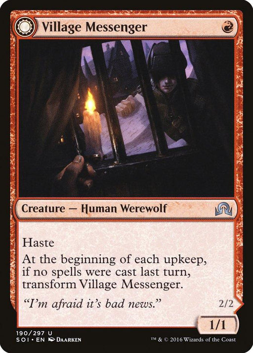A Magic: The Gathering card titled "Village Messenger // Moonrise Intruder [Shadows over Innistrad]" depicts a hooded figure holding a lantern behind iron bars, with a concerned look. The card has a red border and features the text: "Haste. At the beginning of each upkeep, if no spells were cast last turn, transform Village Messenger into Moonrise Intruder." The card has a power/toughness of 1/1.