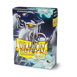 A box of Arcane Tinmen's Dragon Shield: Japanese Size 60ct Sleeves - White (Matte) features fantasy artwork of a dragon with a blue and white color scheme, indicating it contains 60 matte sleeves.