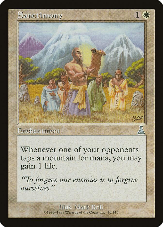 A Magic: The Gathering card named Sanctimony [Urza's Destiny]. This uncommon enchantment features a gold border and an illustration of a monk reading a scroll in a mountain meadow, surrounded by followers. The text reads, 