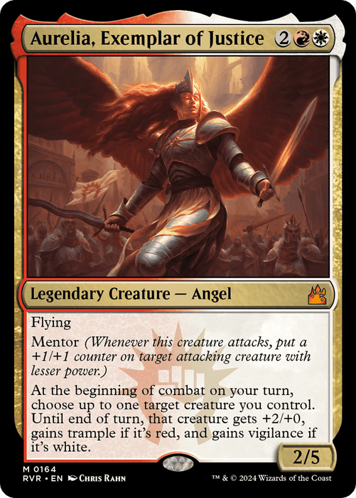 A Magic: The Gathering card titled "Aurelia, Exemplar of Justice [Ravnica Remastered]." This legendary creature from Ravnica Remastered depicts a vigilant angel in armor with a sword, soaring amidst a battlefield. Featuring flying and mentor abilities, Aurelia grants bonuses at combat's start. It's a mythic card costing 2 red/white mana, with 2/5 power/toughness.