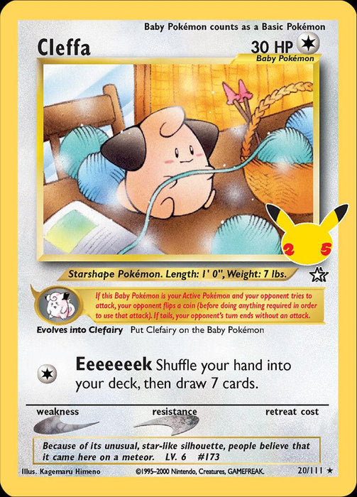 A Cleffa (20/111) [Celebrations: 25th Anniversary - Classic Collection] from Pokémon with yellow borders. The card number is 20/111. Cleffa is a Baby Pokémon with 30 HP and the ability "Put Eeeeeeek on the Baby Pokémon." The only move, Eeeeeeek, shuffles your hand into the deck and draws 7 cards. Celebrating the rare 25th Anniversary edition, it features