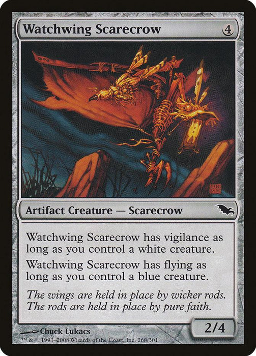The Magic: The Gathering product "Watchwing Scarecrow [Shadowmoor]" depicts a flying, mechanical scarecrow with wing-like arms made of twisted metal, hovering in a stormy sky. This 4-mana artifact creature boasts 2 power and 4 toughness, gaining vigilance and flying if you control white and blue creatures.