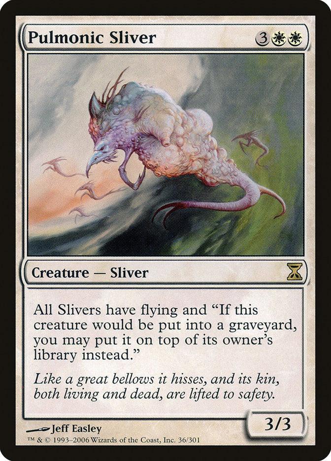 The image depicts a Magic: The Gathering card from the Time Spiral set called Pulmonic Sliver. It shows a creature with a sinewy, ethereal body and wings, surrounded by smoky, swirling tendrils. Sliver creatures gain flying and can be returned to their owner's library if they would go to the graveyard. Its power and toughness are 3/3.
