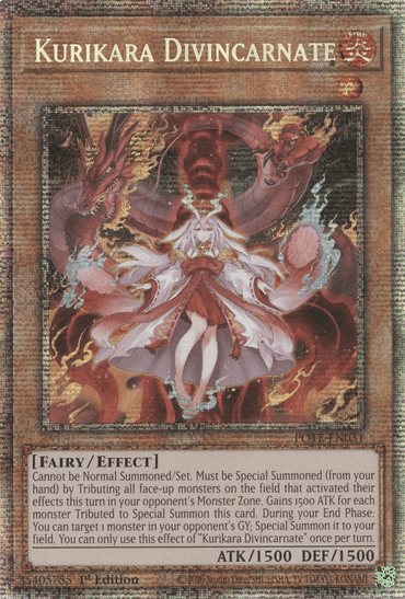 A Yu-Gi-Oh! card titled "Kurikara Divincarnate [POTE-EN031] Starlight Rare" depicts a mystical female character with flowing white hair and a crimson robe, flanked by two swirling red dragons. The Starlight Rare card has a shimmering background and displays 1500 ATK/1500 DEF at its bottom. The text describes the card's Fairy/Effect attributes.