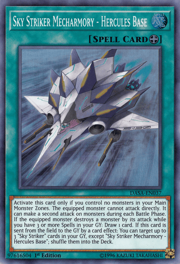 Here's an image of the Yu-Gi-Oh! trading card "Sky Striker Mecharmory - Hercules Base [DASA-EN037] Super Rare." This Equip Spell card features a sleek, angular futuristic aircraft adorned with teal-blue accents. The lower half includes detailed instructions and effects. It is labeled as "1st Edition" with the serial number 97616504.