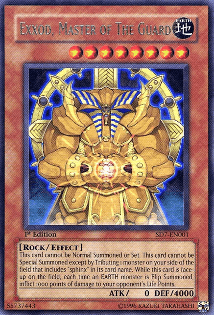 An Exxod, Master of the Guard [SD7-EN001] Ultra Rare Yu-Gi-Oh! card. This Ultra Rare card depicts a massive armored figure with gold and blue armor, holding a glowing sphere. The background features intricate designs. This Earth attribute Effect Monster has 0 ATK and 4000 DEF, embodying an invincible fortress with specific summoning conditions and an effect description.
