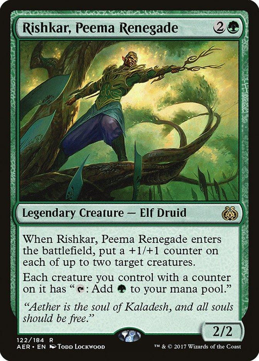 A "Magic: The Gathering" card titled "Rishkar, Peema Renegade [Aether Revolt]." This green card, with a casting cost of 2 colorless and 1 green mana, features an Elf Druid in lush surroundings. Abilities include placing +1/+1 counters and generating mana.