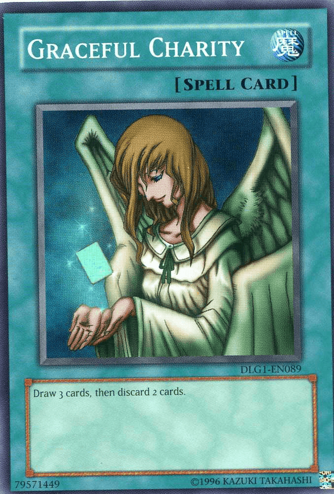 The image showcases a "Yu-Gi-Oh!" spell card named Graceful Charity [DLG1-EN089], a Super Rare collectible. The artwork depicts an angelic figure with wings, holding three luminous cards. The card's effect states, "Draw 3 cards, then discard 2 cards," and it features a holographic emblem in the top right corner.