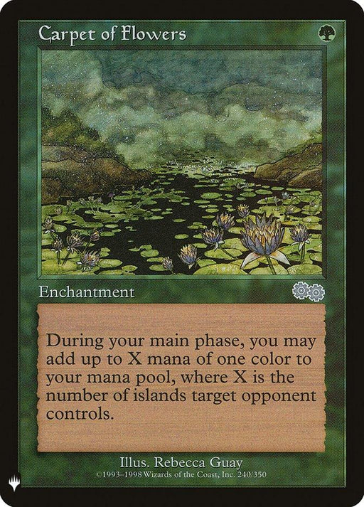 A Magic: The Gathering card titled Carpet of Flowers [Mystery Booster]. Bearing an uncommon green border, this enchantment showcases a serene pond adorned with floating flowers and lily pads beneath a cloudy sky. Featured in the Mystery Booster set, it includes text about adding mana based on the number of islands controlled by an opponent.