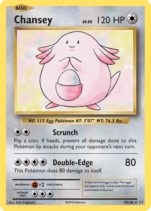 A **Chansey (70/108) [XY: Evolutions]** from the Pokémon set features Chansey with 120 HP. It is Lv. 55 and described as the Egg Pokémon. The Colorless card has two moves: "Scrunch" and "Double-Edge." Chansey is shown holding an egg, smiling. Illustrator: Ken Sugimori. Card number 70/108, released in