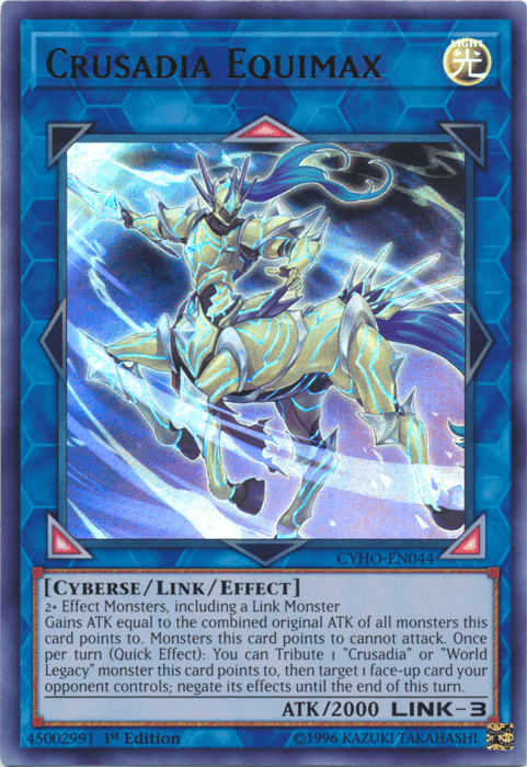 The card "Crusadia Equimax [CYHO-EN044]" from Yu-Gi-Oh! is an Ultra Rare Link/Effect Monster. It features an armored figure with glowing blue accents, a spear, and shield, set against a cosmic backdrop. Its type, effects, and attack points are detailed on the card.