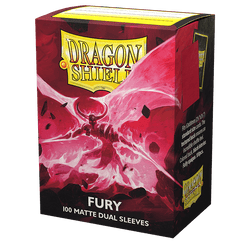 A box of Dragon Shield: Standard 100ct Sleeves - Fury (Dual Matte) by Arcane Tinmen. The packaging is predominantly red with dynamic, fiery artwork. "Dragon Shield" is written in large, yellow text on a shield emblem. Designed for TCGs, the box contains 100 matte dual sleeves for standard-sized trading cards.