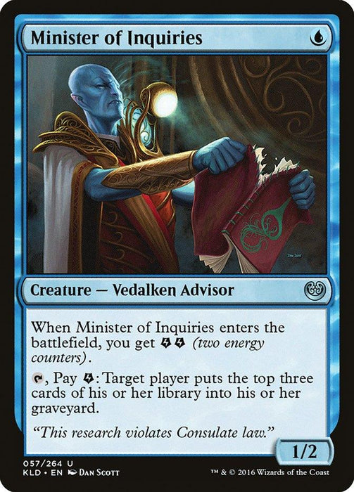 A fantasy card titled "Minister of Inquiries [Kaladesh]" from Magic: The Gathering features a blue-skinned Vedalken Advisor with pointed ears, holding a red book. The character wears ornate robes with golden accents. The card text describes game mechanics, indicating it provides energy counters and an ability affecting a player's deck in the world of Kaladesh.