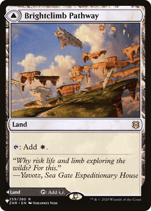 Magic: The Gathering card 'Brightclimb Pathway // Grimclimb Pathway [Secret Lair: From Cute to Brute]' features floating stone islands connected by bridges, with a pathway showcasing a person walking toward cliffs. This rare land produces white mana, and the quote on the card is from Yavotz, Sea Gate Expeditionary House.