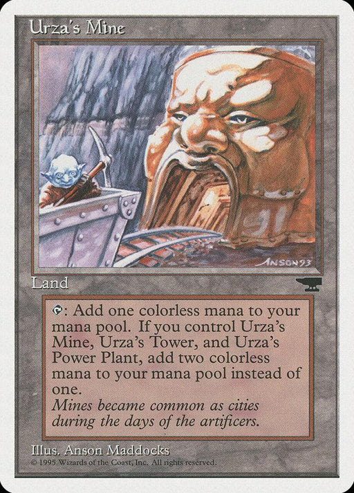 A Magic: The Gathering card titled "Urza's Mine (Mine Cart Entering Mouth) [Chronicles]." The card features an illustration of a large stone face carved into a mountainside with a mine entrance beneath it. A figure stands on a wooden platform, operating a mining apparatus. Similar cards include Urza's Tower and Urza's Power-Plant.