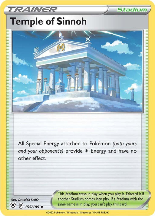 A Pokémon trainer card titled "Temple of Sinnoh (155/189) [Sword & Shield: Astral Radiance]" from the Pokémon series. The illustration shows an ancient Greek-style temple with columns and statues on a hill, bathed in light. As a Stadium card, it makes Special Energy provide only Colorless Energy. It is card number 155/189.