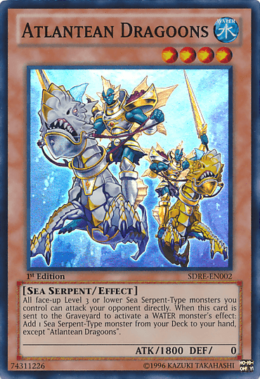 The "Atlantean Dragoons [SDRE-EN002] Super Rare" Yu-Gi-Oh! trading card features blue-armored warriors riding a sea serpent. This WATER monster, part of the Sea Serpent/Effect monster category, is a 1st edition card with 1800 ATK and 0 DEF. The card text details its specific effects.