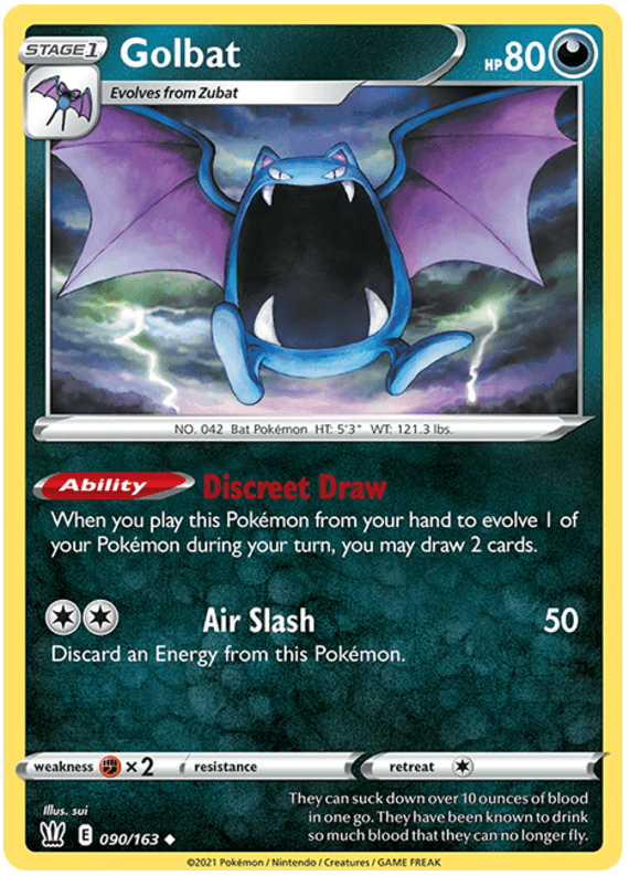 A Pokémon trading card from the Sword & Shield: Battle Styles series featuring Golbat (090/163) by Pokémon, a blue bat-like creature with large wings and a gaping mouth. The card showcases stats, including 80 HP, evolves from Zubat, and abilities like 