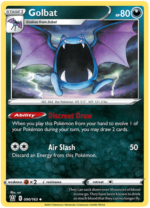 A Pokémon trading card from the Sword & Shield: Battle Styles series featuring Golbat (090/163) by Pokémon, a blue bat-like creature with large wings and a gaping mouth. The card showcases stats, including 80 HP, evolves from Zubat, and abilities like "Discreet Draw" and "Air Slash." Additional details include weight, height, and issue number 090/163.