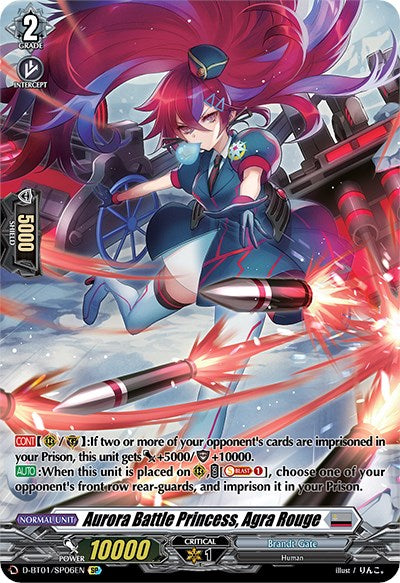 A vibrant trading card titled "Aurora Battle Princess, Agra Rouge (D-BT01/SP06EN) [Genesis of the Five Greats]" from Bushiroad showcases a futuristic armored girl with long purple hair, wielding a sci-fi weapon. This Special Parallel card is affiliated with the Brandt Gate nation and belongs to the Genesis of the Five Greats set. The card's stats include Grade 2, Power 10000, Shield 5000, and Critical 1.