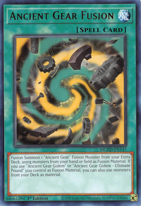 A Yu-Gi-Oh! trading card titled "Ancient Gear Fusion [MGED-EN147] Rare," labeled as a Spell Card. The artwork depicts mechanical gears and parts swirling into a green vortex. The card text describes its effect of fusion summoning an "Ancient Gear" Fusion Monster, using monsters from various locations as materials. Discover this powerful addition in the Maximum Gold series.