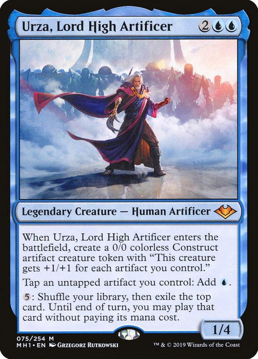 Magic: The Gathering card titled "Urza, Lord High Artificer [Modern Horizons]" features an illustration of the legendary creature, a robed and powerful figure holding a staff with a crowd in the background. The blue card costs 2 blue mana and 2 generic mana to cast, boasting various abilities including creating a Construct token.