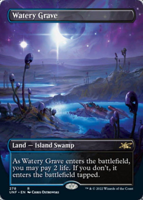 A fantasy card titled "Watery Grave (Borderless) [Unfinity]" from Magic: The Gathering with artwork depicting a night scene on a mystical island swamp. The sky is illuminated by a bright moon, with tendrils of mist stretching across the landscape. Strange plants and rocks line the water bodies, adding an eerie, otherworldly feel to the scenery.