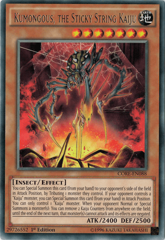 A Yu-Gi-Oh! trading card from the Clash of Rebellions series features "Kumongous, the Sticky String Kaiju [CORE-EN088] Rare," an Effect Monster. The artwork shows a menacing spider-like creature with glowing orange and green orbs on its back. The card has 2400 ATK and 2500 DEF points and includes detailed effects for gameplay.
