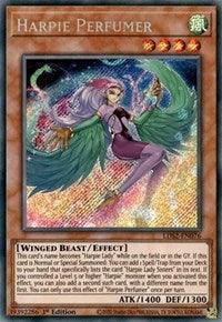 A Yu-Gi-Oh! trading card from Legendary Duelists: Season 2 featuring "Harpie Perfumer [LDS2-EN076] Secret Rare," a winged beast/effect monster with 1400 ATK and 1300 DEF. This Harpie Lady has iridescent wings, long purple hair, and wears a purple outfit. The card text details its special summoning abilities amidst an artistically vibrant background.