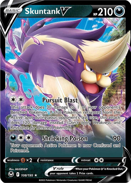 A Pokémon Skuntank V (108/195) [Sword & Shield: Silver Tempest] from the Pokémon series with 210 HP. The Ultra Rare card features Skuntank, a purple, skunk-like creature, in a dynamic pose. Attack options are Pursuit Blast and Shriek Poison. Illustrated by MUGENUP, it's marked as 108/195 with a black and silver border. Silver Tempest included.