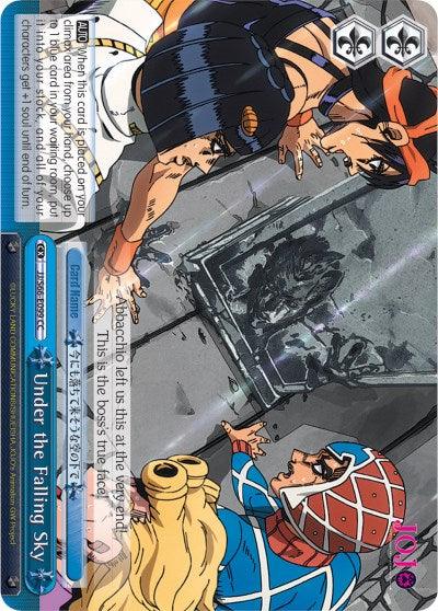 An anime-style image from JoJo's Bizarre Adventure: Golden Wind depicts three characters. A black-haired man and a blonde woman look shocked while crouching near a wall. A blue-suited character is positioned in the foreground. Overlay text and a blue card with Under the Falling Sky (JJ/S66-E099 CC) [JoJo's Bizarre Adventure: Golden Wind] by Bushiroad details are visible on the side.