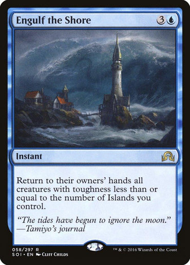 Engulf the Shore, a rare card in the Magic: The Gathering set Shadows over Innistrad, illustrates a massive wave surging toward a lone lighthouse on a rugged coast. This blue magic spell requires three colorless mana and one blue mana to cast, instantly sending creatures back to their owners' hands.