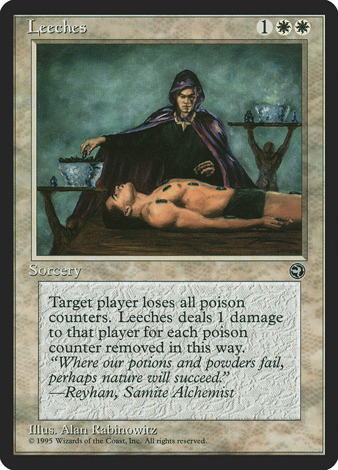 The rare "Leeches [Homelands]" Magic: The Gathering card features artwork by Alan Rabinowitz from 1995, showing a hooded figure applying leeches to a shirtless person on a stone table. The card text involves losing poison counters and damage.