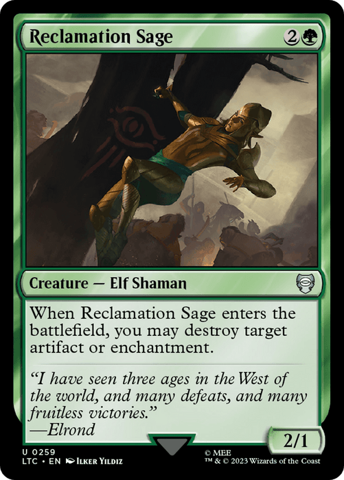 A Magic: The Gathering card named "Reclamation Sage [The Lord of the Rings: Tales of Middle-Earth Commander]." It is a green card with a cost of 2 colorless and 1 green mana. The card features elf shaman art by Ilker Yildiz, where a shaman hovers in mid-air, surrounded by nature. The card's power and toughness are 2/1. When Reclamation Sage [The Lord of the Rings: Tales of Middle-Earth Commander] enters the battlefield, you