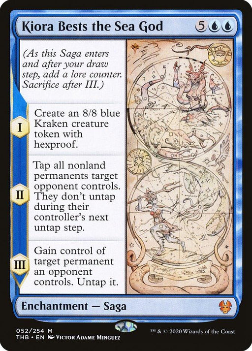 The image displays the Magic: The Gathering product "Kiora Bests the Sea God [Theros Beyond Death]." With a blue border and costing 5UU to play, this Mythic Enchantment — Saga showcases Kiora battling a sea creature, creating an 8/8 Kraken, tapping opponents' permanents, and gaining control of a permanent.
