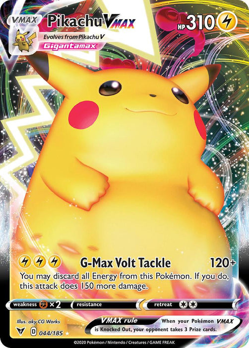 Pokémon card featuring Pikachu VMAX (044/185) [Sword & Shield: Vivid Voltage] from Pokémon. Pikachu is depicted as a large, yellow creature with red cheeks and pointed ears against a colorful, dynamic background. This Ultra Rare card details 310 HP and the attack G-Max Volt Tackle which deals 120+ damage. Card number 044/185.
