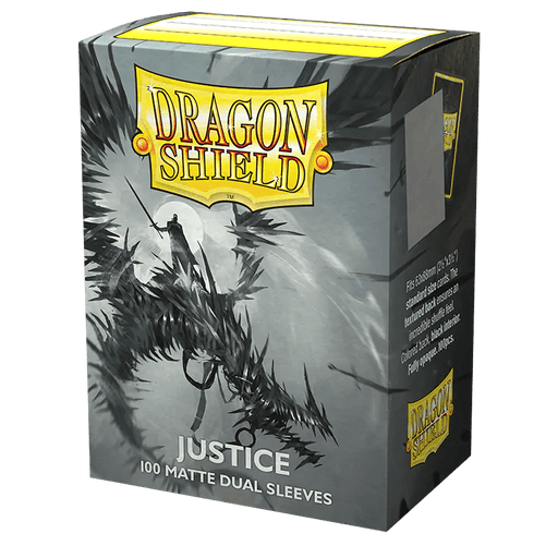 Box of Arcane Tinmen Dragon Shield: Standard 100ct Art Sleeves - Justice (Dual Matte). The packaging displays an image of a knight wielding a lance, riding a dragon. The Dragon Shield logo is prominent at the top, with "Justice" in bold letters at the bottom, indicating the contents of 100 dual matte sleeves for TCG cards.