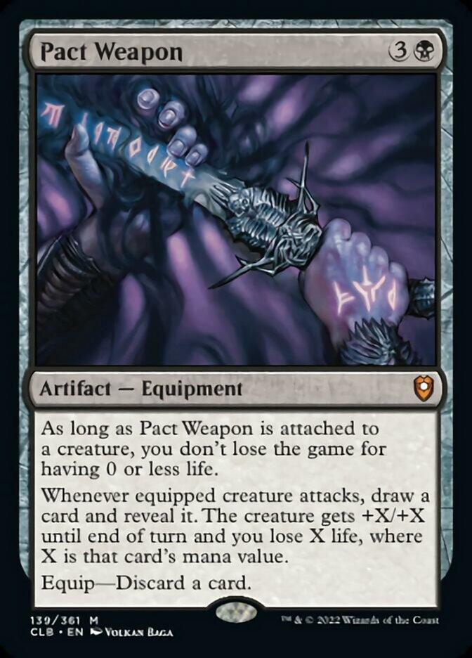 A "Pact Weapon" card from Magic: The Gathering's Commander Legends: Battle for Baldur's Gate series features blue, glowing Norse runes on a dark, armored forearm holding a sword. The smoky background highlights text that explains its effects: drawing cards, enhancing creature stats, and causing life loss equal to the mana value of the drawn card.