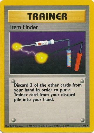 A Pokémon card titled "Trainer" displays "Item Finder" at the top beneath a yellow bar. The Rare Base Set Unlimited illustration features a mechanical device with two sparking yellow bulbs and a handle. Instructions read: "Discard 2 of the other cards from your hand to put a Trainer card from your discard pile into your hand." The card is numbered 74/102, from 1995, known as Item Finder (74/102) [Base Set Unlimited] by Pokémon.